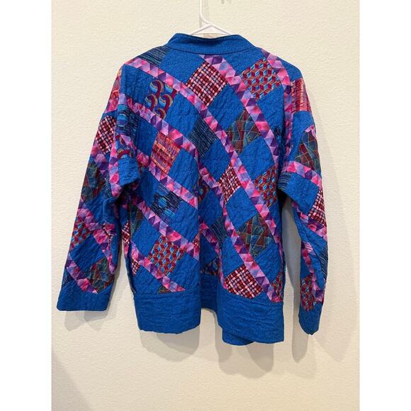 Handmade Quilted Jacket with Pockets Blue Pink L/XL Grannycore Cottagecore - Picture 5 of 8